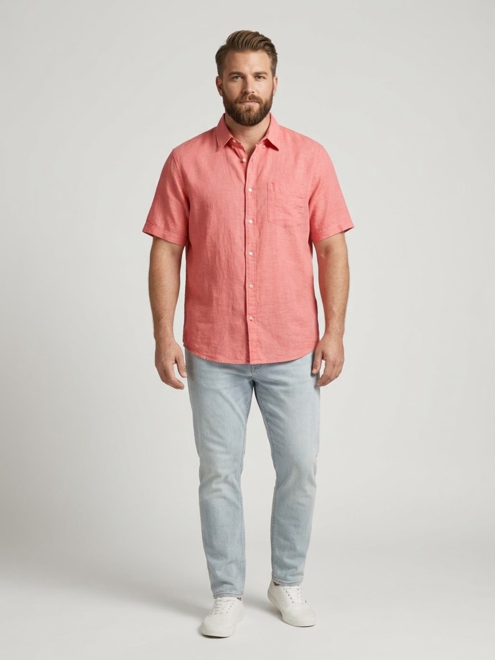 H&M Men's Large Coral Pink Short Sleeve Button Down Regular Fit Shirt Pocket